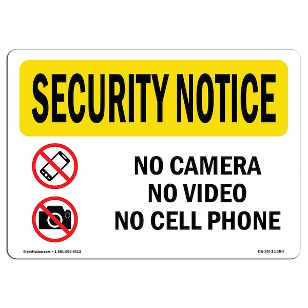 OSHA Security Sign, 3.5" Height, 5" Width, No Camera No Video No Cell Phone, Landscape, 10PK